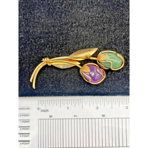 Vintage Gold Tone Floral Brooch Purple & Green Stone Tulip Flower Pin